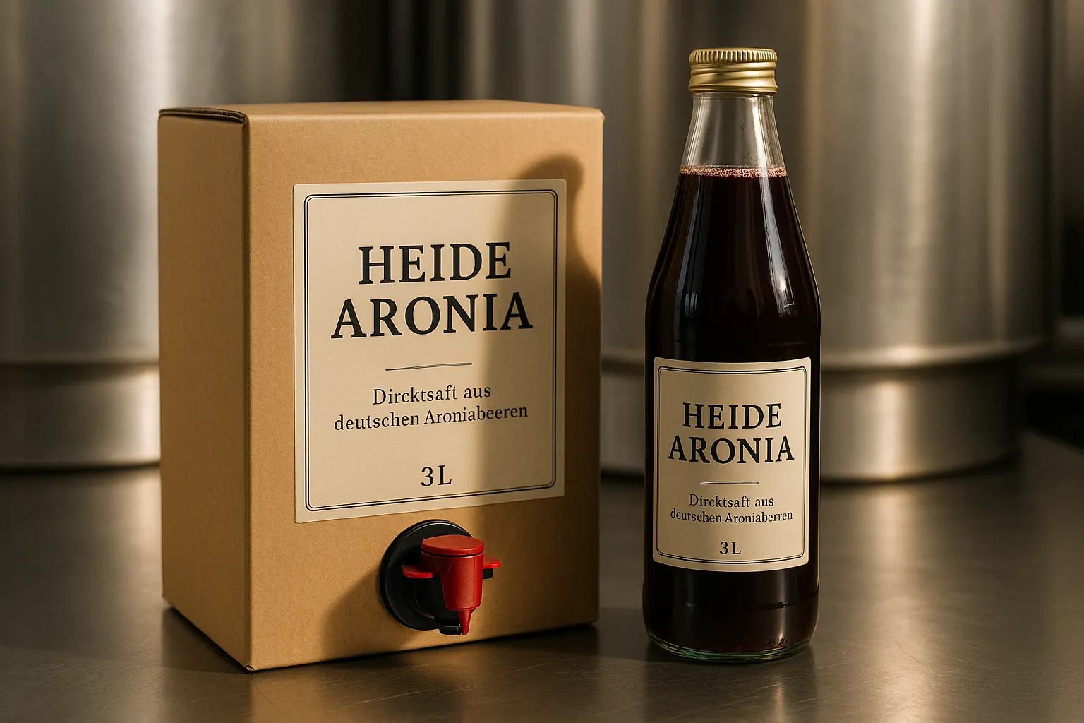 Herstellung von hochwertigem Aroniasaft in der Mosterei Heide Aronia – Abfüllung in 3-Liter-Bag-in-Box-Verpackungen