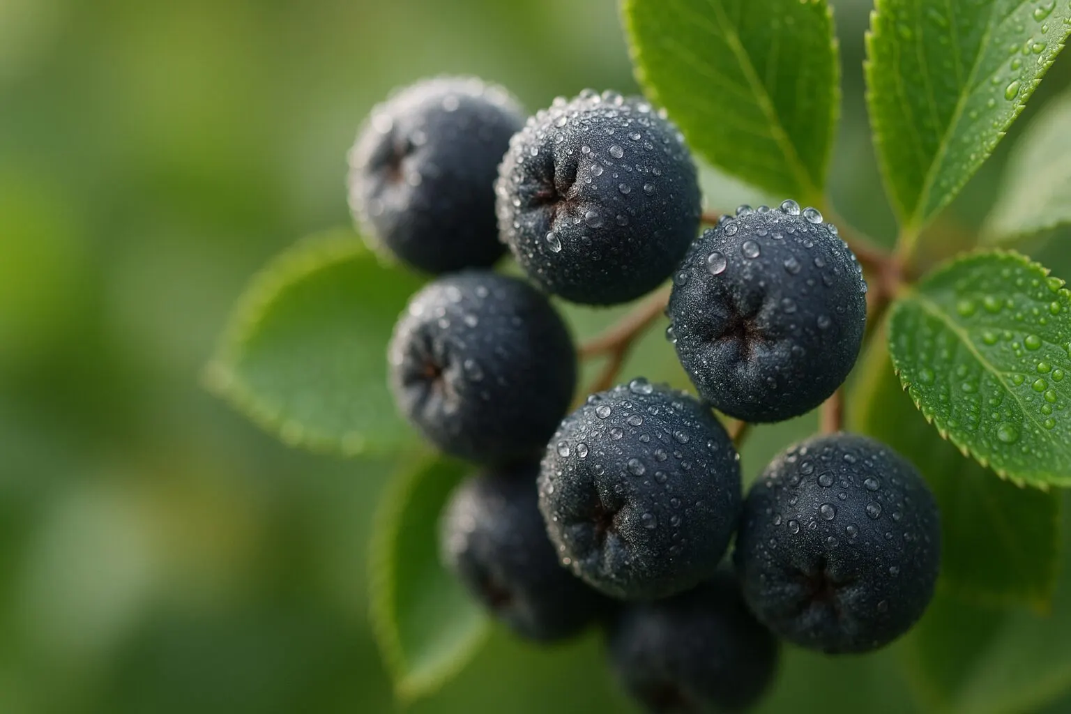 Reife Aroniabeeren mit Tautropfen – gesunde Zukunftsfrucht